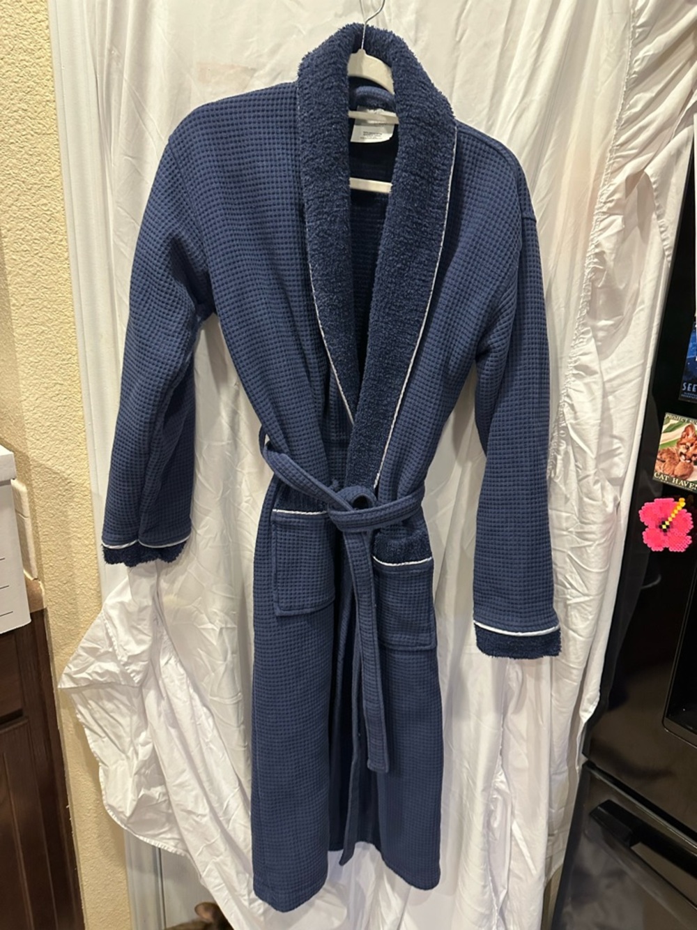Navy Waffle Knit Robe with Shawl Collar
